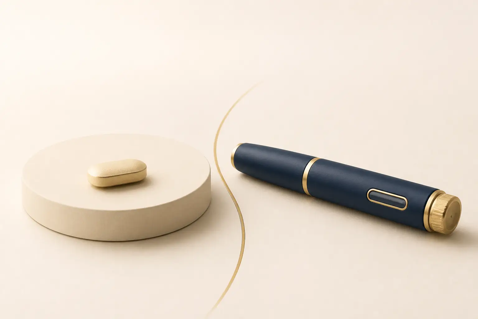 A single gold tablet on a pedestal beside a navy weekly injection pen, separated by a fine gold line — minimal illustration