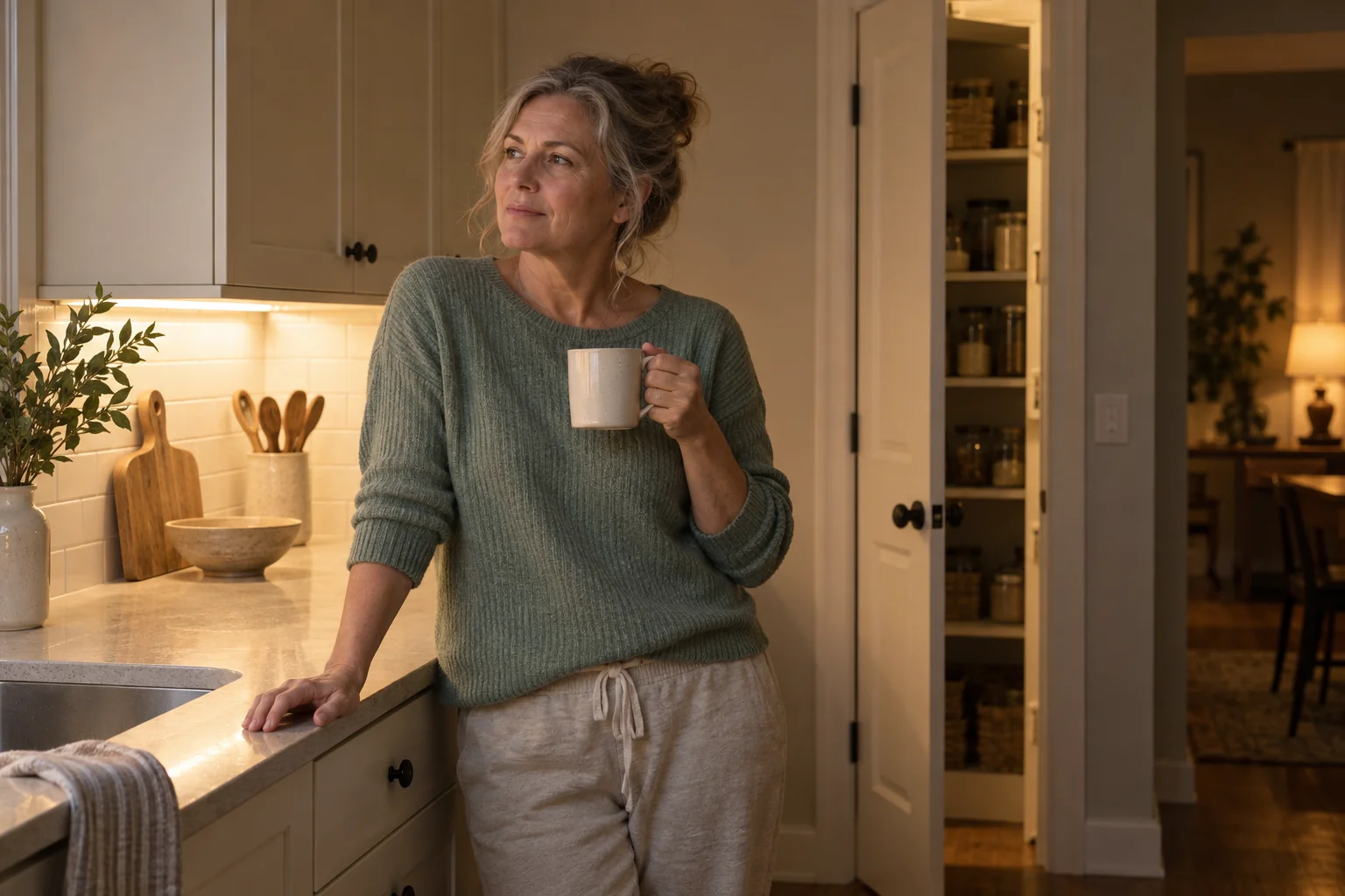 Someone pausing at a kitchen counter with a mug in the evening light