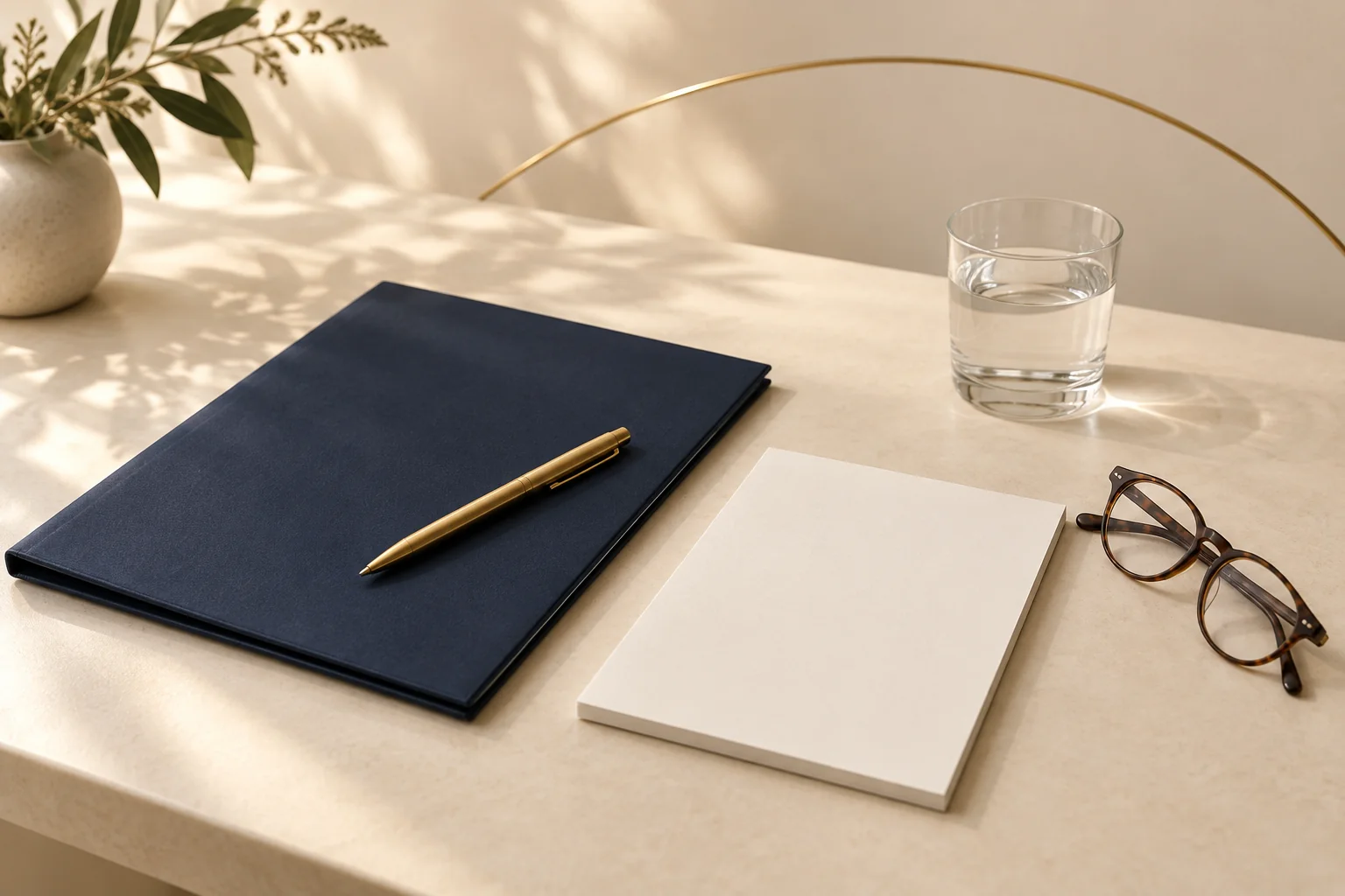 A notepad, folder and reading glasses on a warm ivory desk in soft window light