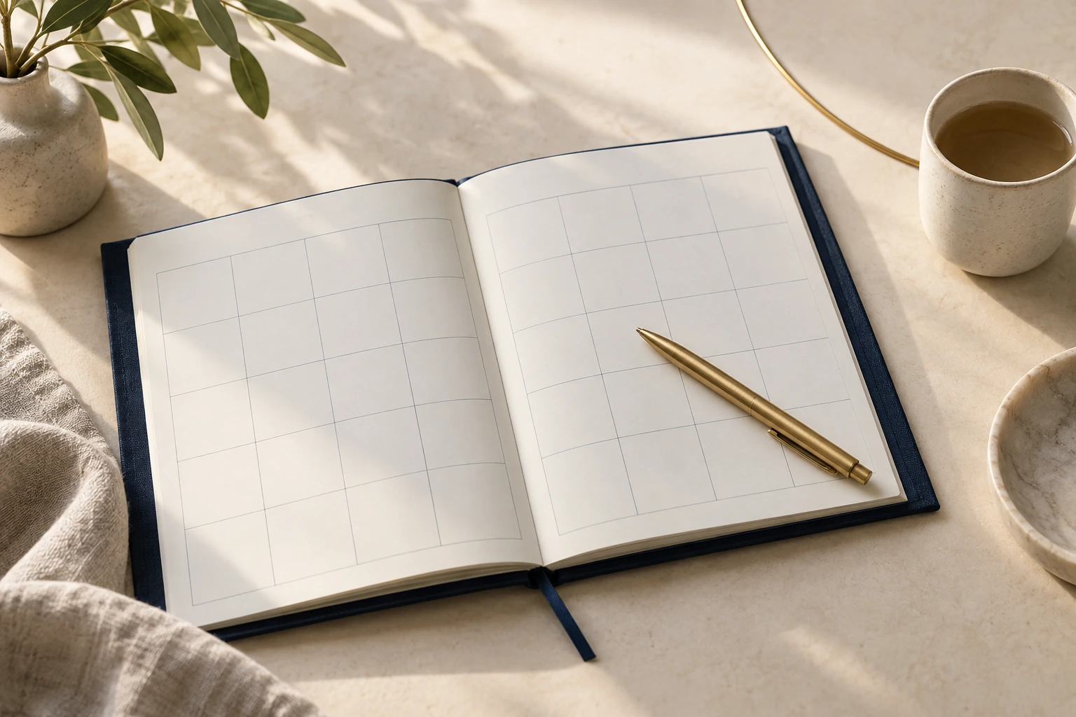 An open blank planner with a gold pen and ceramic cup on an ivory surface