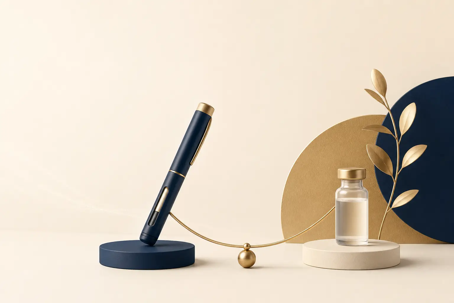 Minimal navy and gold still-life illustration: an injection pen and a small medication vial balanced across a fine gold line