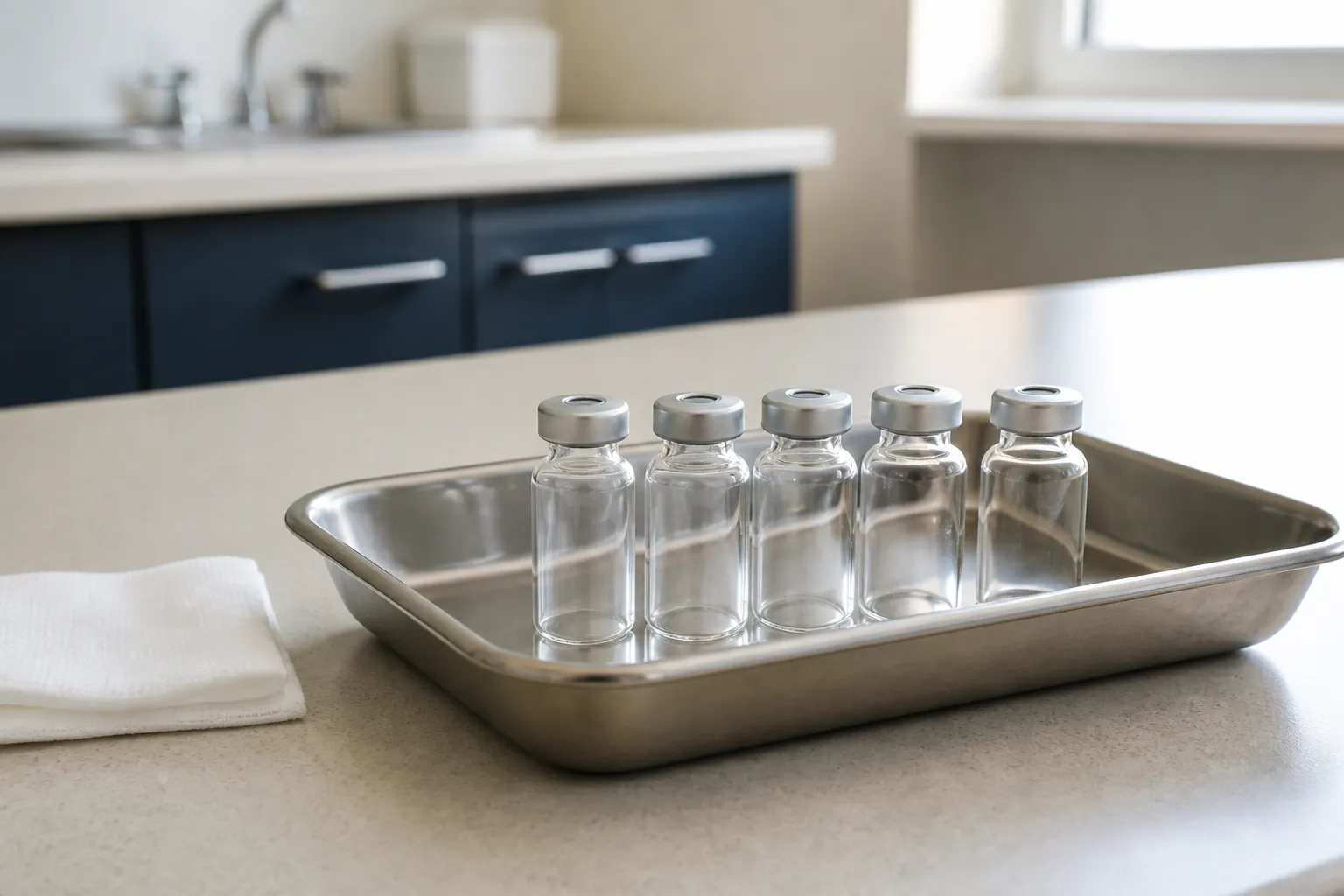Five unlabelled glass vials arranged in a stainless steel tray on a clinical worktop