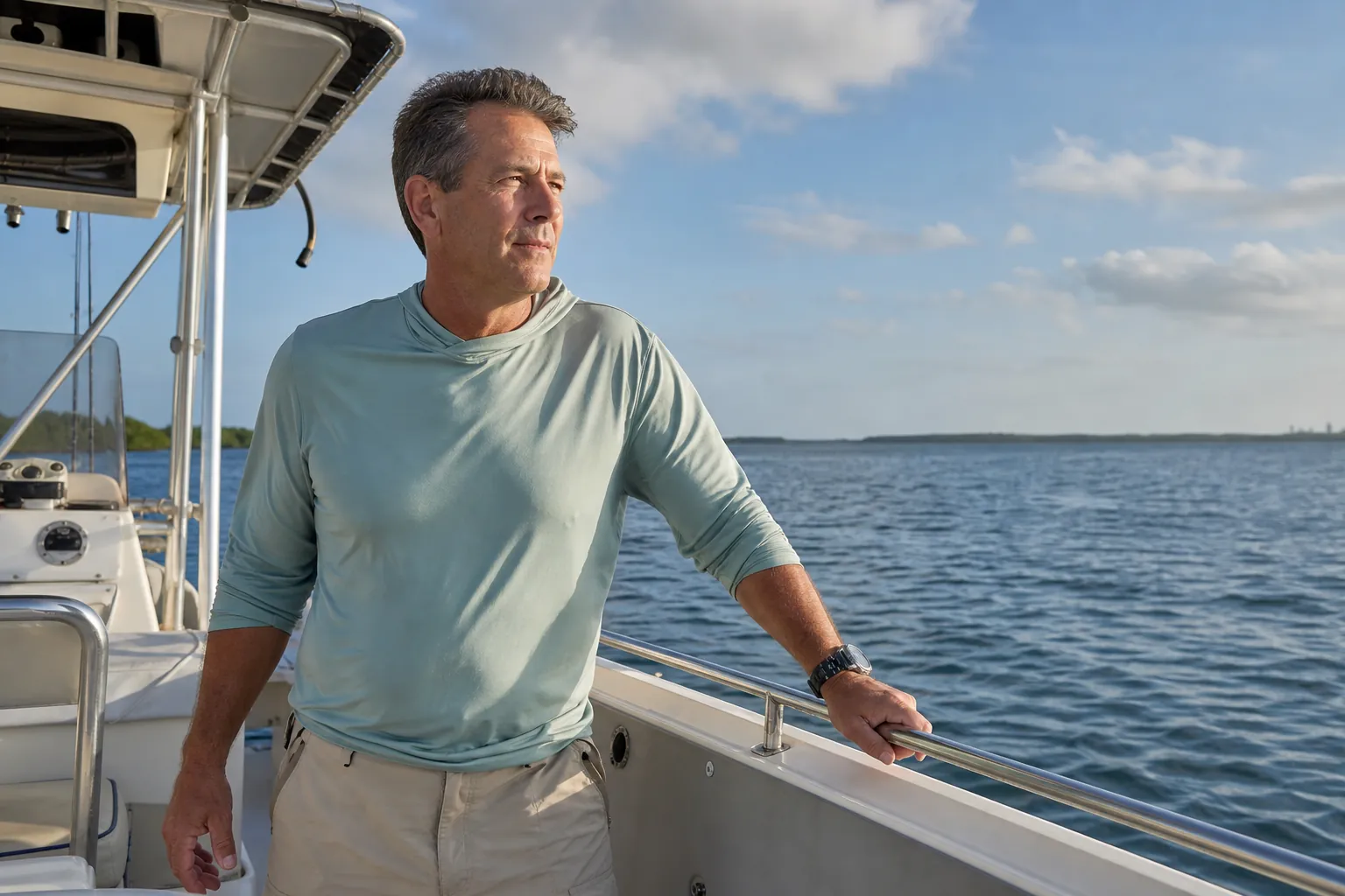 Middle-aged man standing aboard a fishing boat on calm Florida water