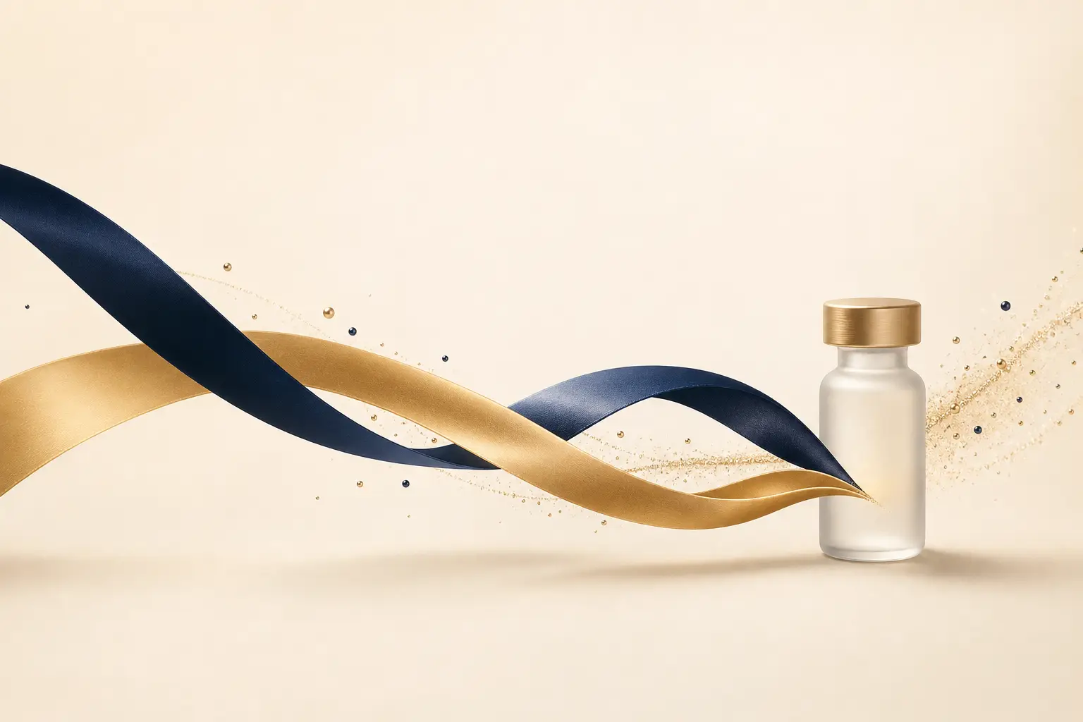 Navy and gold ribbons intertwining toward a frosted medication vial — minimal dual-pathway illustration on cream