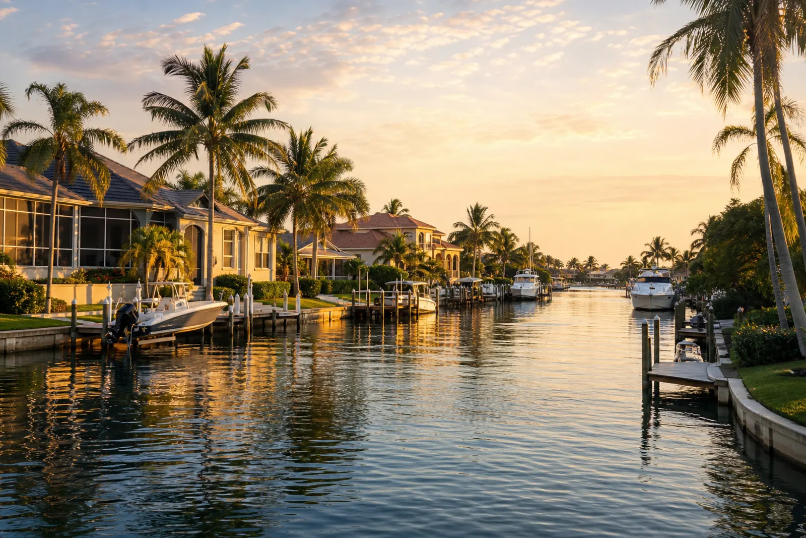 Cape Coral canal waterfront with boats in late afternoon light