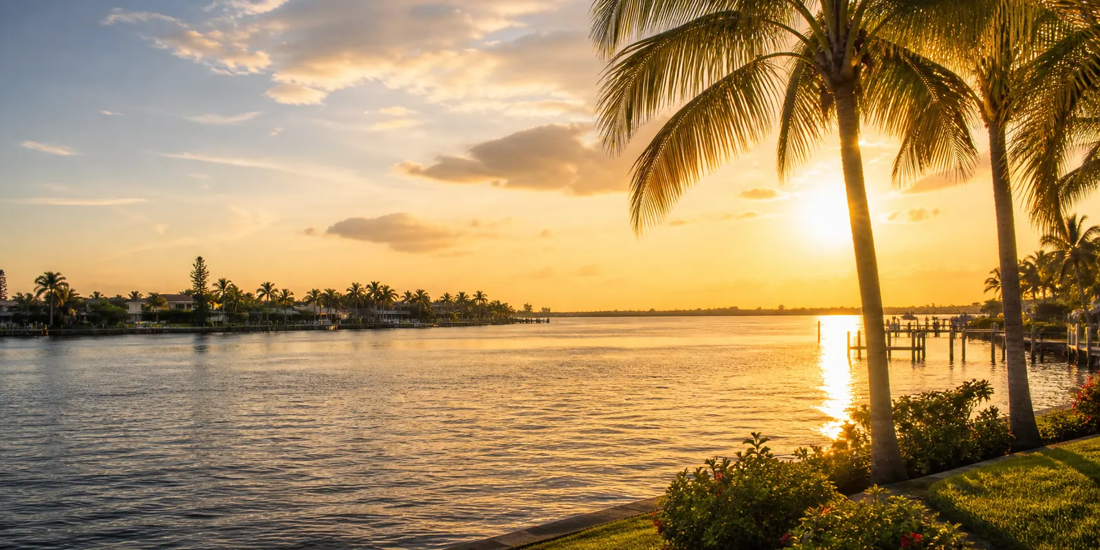 Caloosahatchee riverfront with palms at golden hour