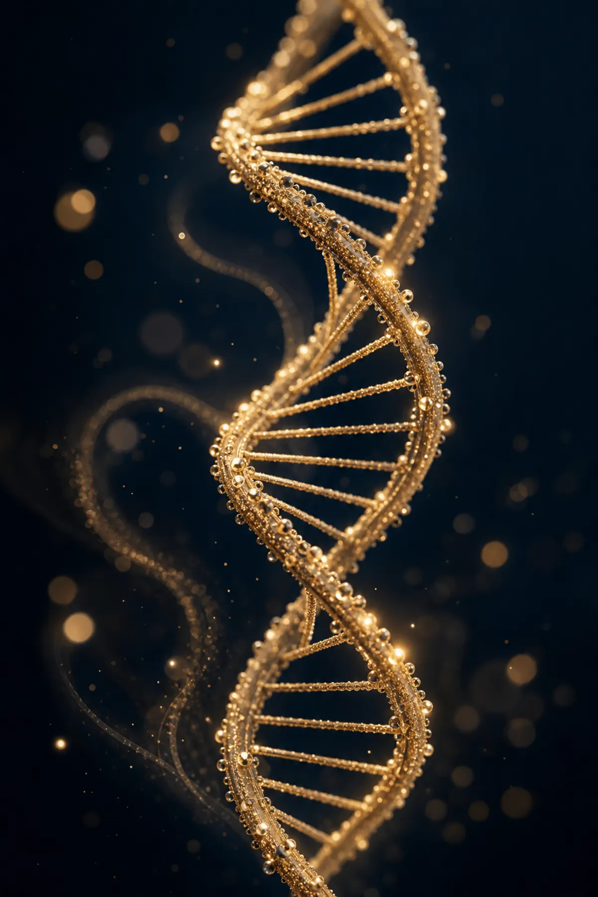 Abstract gold DNA helix illustration on deep navy