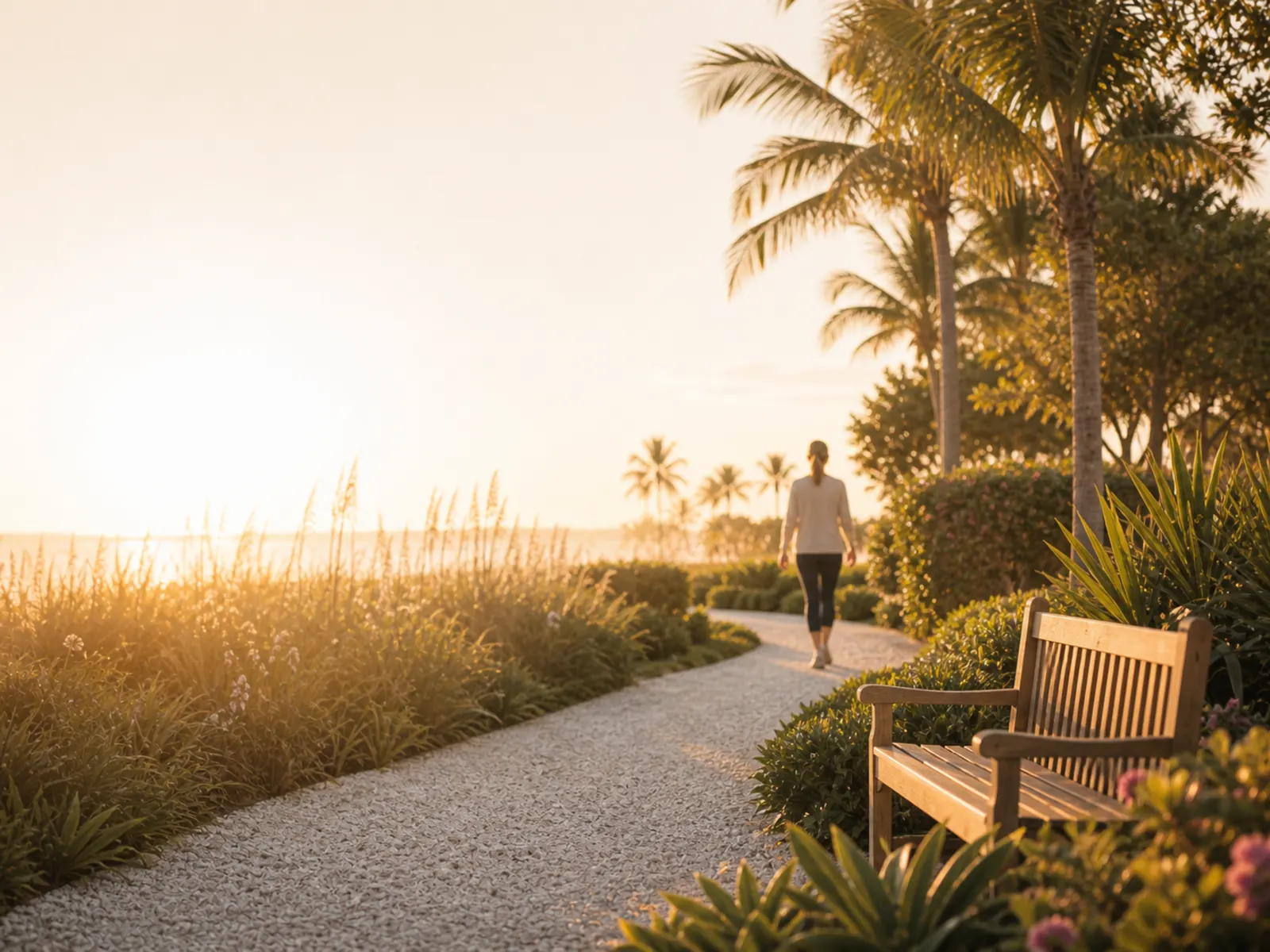 Sunlit palm-lined walking path in Fort Myers — the healthier pace our weight loss and wellness patients build