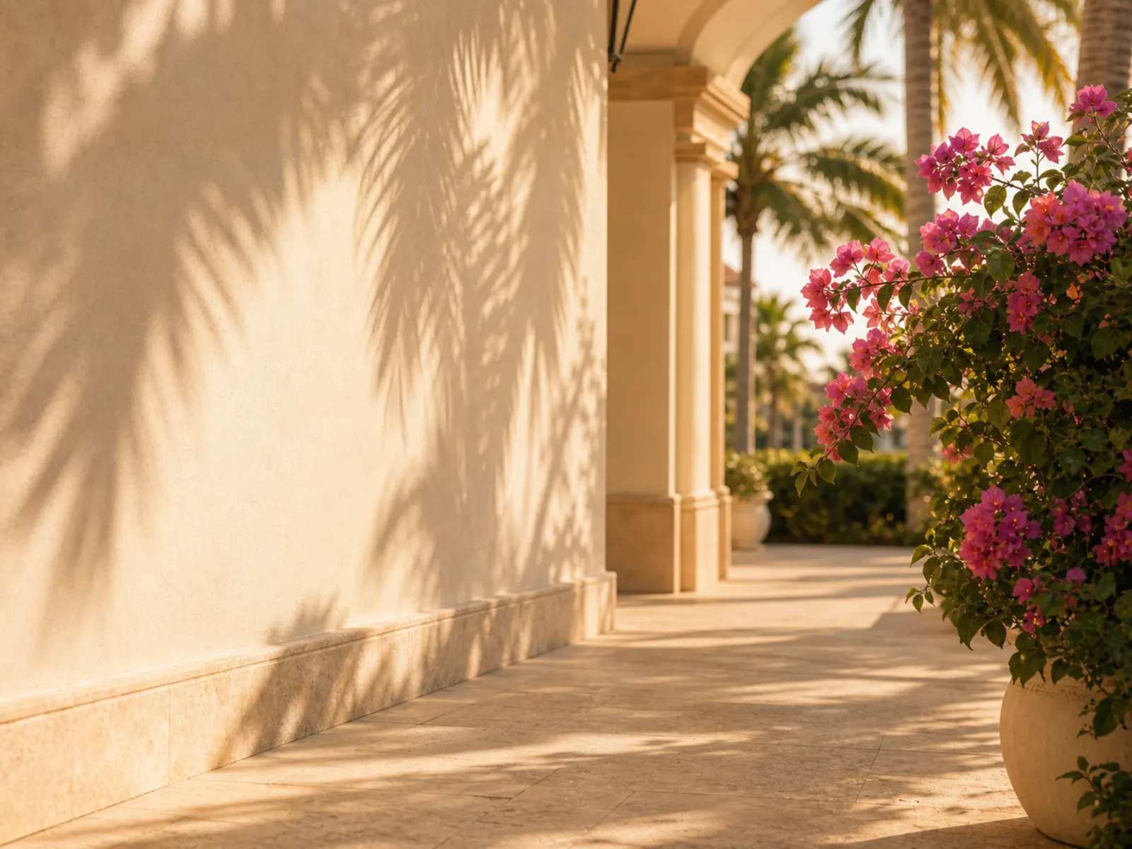 Warm Florida plaza walkway with palms and bougainvillea — arriving at our Fort Myers weight loss clinic in Harbour Plaza