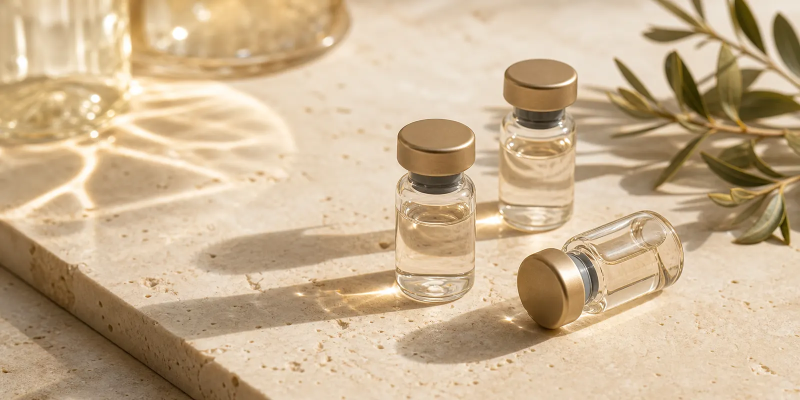Minimal still life of unlabeled glass vials on warm stone