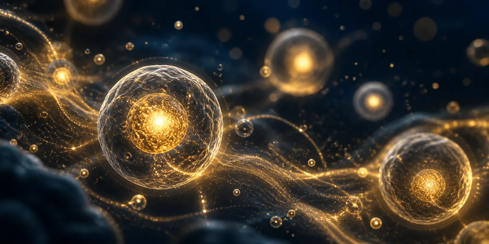 Abstract illustration of cellular energy with gold light particles