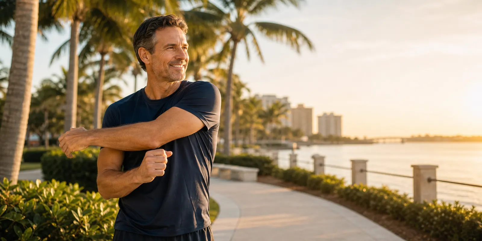Man in his forties outdoors in warm morning light