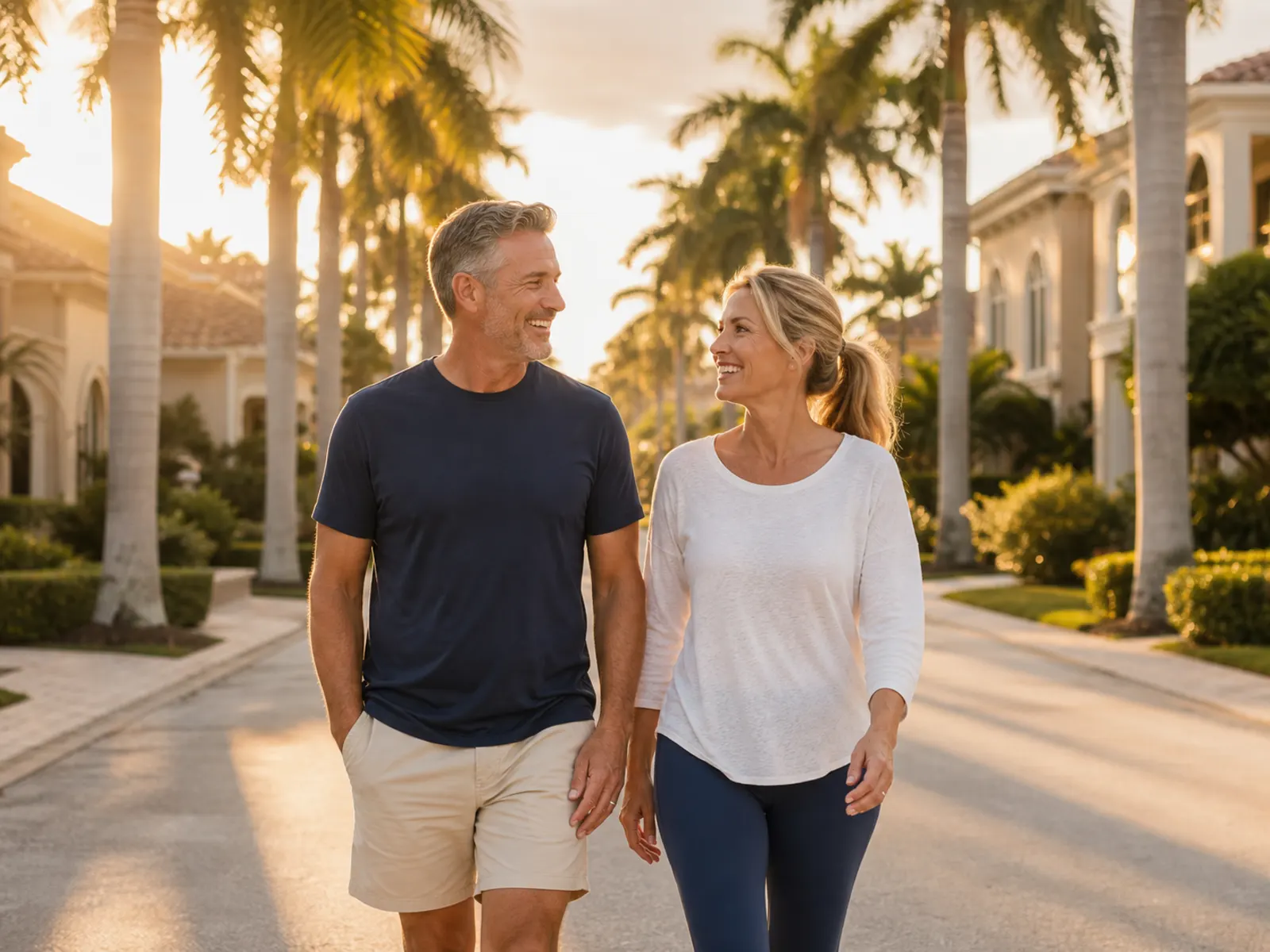 Relaxed couple walking a palm-lined Southwest Florida street — weekly weight loss shots patients at our Fort Myers clinic
