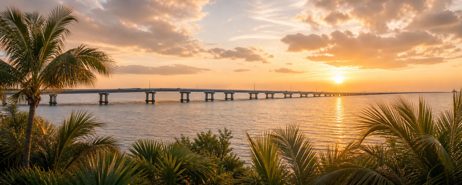 Coastal causeway bridge over calm water at sunset in Southwest Florida
